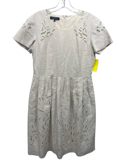 Lafayette 148 Size 6 Cream Beige Linen Short Sleeve Floral Eyelet Pleated Dress Cream Beige / 6