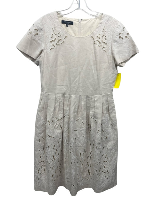 Lafayette 148 Size 6 Cream Beige Linen Short Sleeve Floral Eyelet Pleated Dress Cream Beige / 6