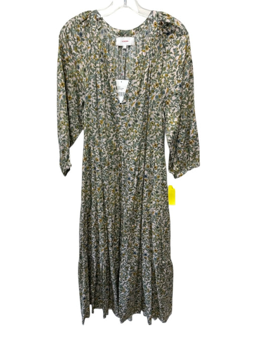 XiRENA Size Medium Green, Blue, Yellow Cotton Long Sleeve Floral V Neck Dress Green, Blue, Yellow / Medium