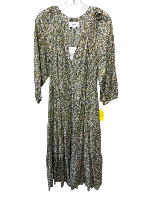 XiRENA Size Medium Green, Blue, Yellow Cotton Long Sleeve Floral V Neck Dress Green, Blue, Yellow / Medium