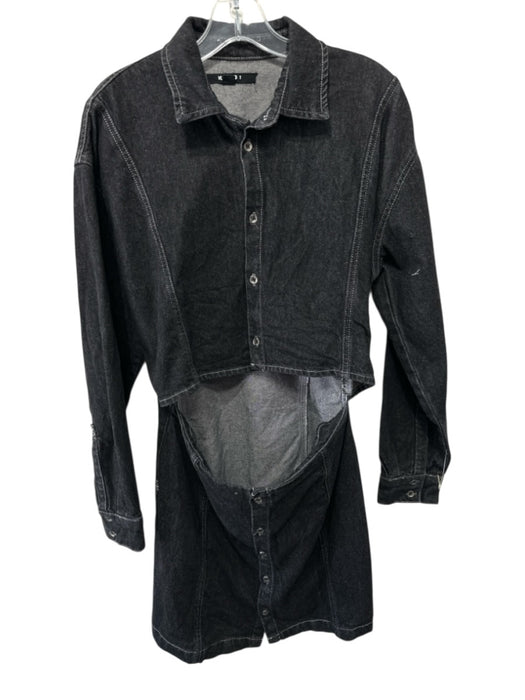 Ksubi Size Large Black Cotton Denim Long semi sheer sleeves Button Front Dress Black / Large