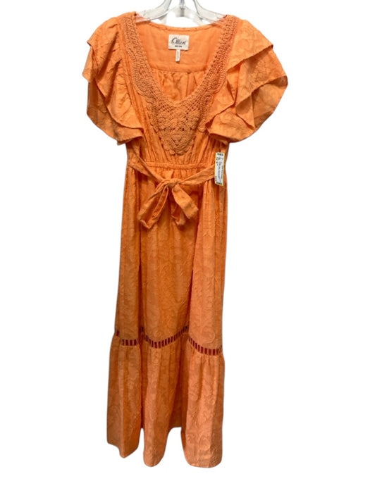 Ollari NY Size M Orange Cotton Ruffle Short Sleeve Crochet Neckline Maxi Dress Orange / M
