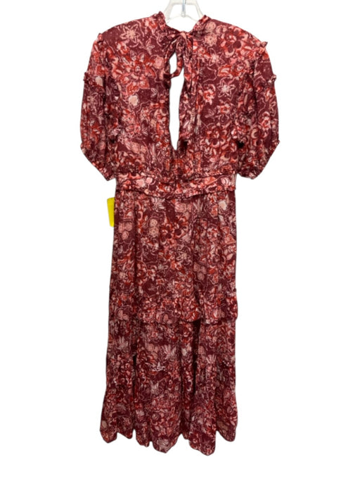Ulla Johnson Size 2 red & cream Cotton Blend Short Sleeve Floral V Neck Dress red & cream / 2