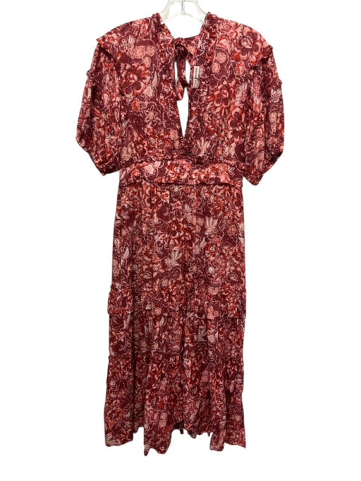 Ulla Johnson Size 2 red & cream Cotton Blend Short Sleeve Floral V Neck Dress red & cream / 2