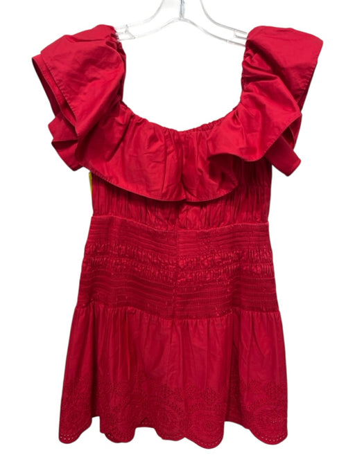 Self Portrait Size 6 Red Cotton Off Shoulder Shirred Waist Scallop Hem Dress Red / 6