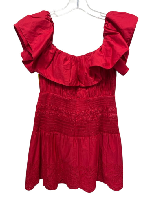 Self Portrait Size 6 Red Cotton Off Shoulder Shirred Waist Scallop Hem Dress Red / 6