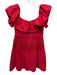 Self Portrait Size 6 Red Cotton Off Shoulder Shirred Waist Scallop Hem Dress Red / 6
