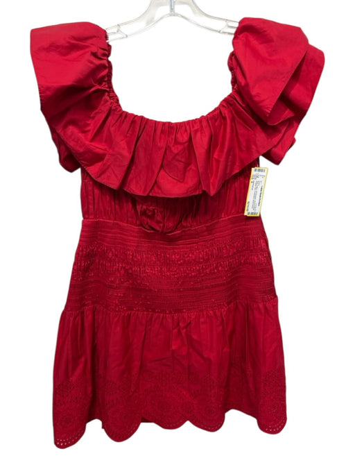 Self Portrait Size 6 Red Cotton Off Shoulder Shirred Waist Scallop Hem Dress Red / 6