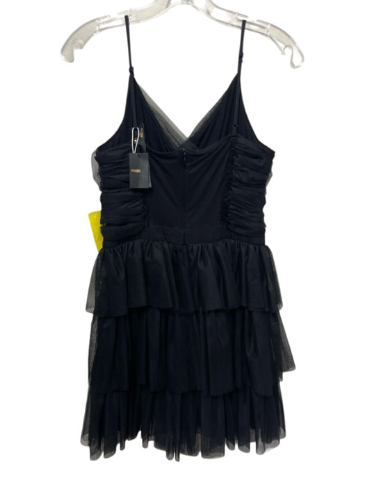 Maje Size 3 Black Viscose Spaghetti Strap Sheer Overlay Surplice Tiered Dress Black / 3