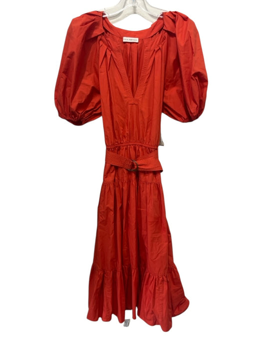 Ulla Johnson Size 4 Orange Cotton Short Balloon Sleeve V Neck Tiered Dress Orange / 4