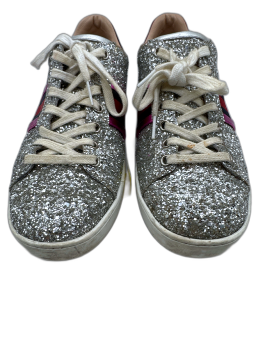 Gucci Shoe Size 39 Silver, Pink & Multi Leather Glitter Stripes Lace Up Sneakers Silver, Pink & Multi / 39