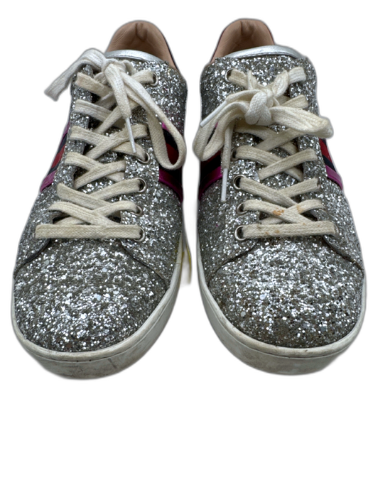 Gucci Shoe Size 39 Silver, Pink & Multi Leather Glitter Stripes Lace Up Sneakers Silver, Pink & Multi / 39