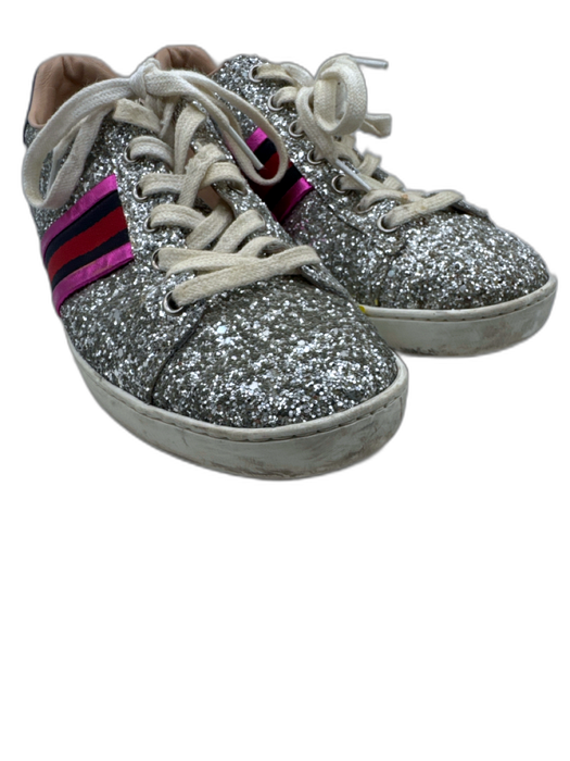Gucci Shoe Size 39 Silver, Pink & Multi Leather Glitter Stripes Lace Up Sneakers Silver, Pink & Multi / 39