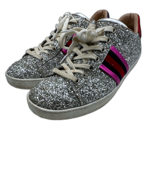 Gucci Shoe Size 39 Silver, Pink & Multi Leather Glitter Stripes Lace Up Sneakers Silver, Pink & Multi / 39
