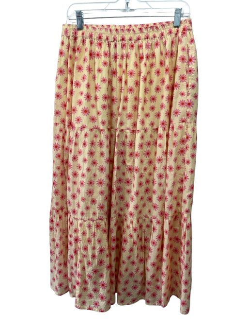 Victoria Dunn Size M Pale Yellow & Pink Cotton Elastic Waist Floral Tiered Skirt Pale Yellow & Pink / M