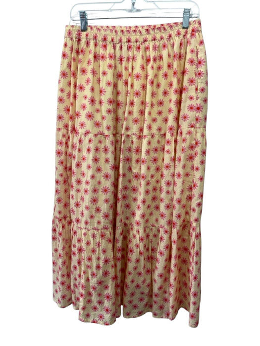 Victoria Dunn Size M Pale Yellow & Pink Cotton Elastic Waist Floral Tiered Skirt Pale Yellow & Pink / M