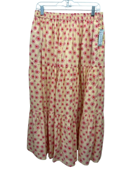 Victoria Dunn Size M Pale Yellow & Pink Cotton Elastic Waist Floral Tiered Skirt Pale Yellow & Pink / M