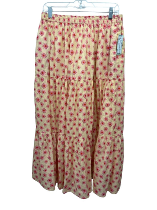 Victoria Dunn Size M Pale Yellow & Pink Cotton Elastic Waist Floral Tiered Skirt Pale Yellow & Pink / M