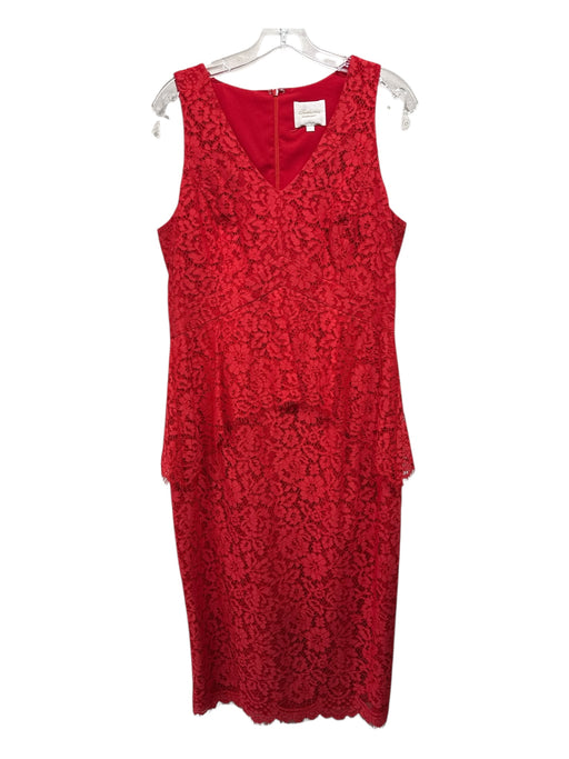 Shoshanna Size 12 Red Nylon Blend Sleeveless Lace Overlay V Neck Darted Dress Red / 12