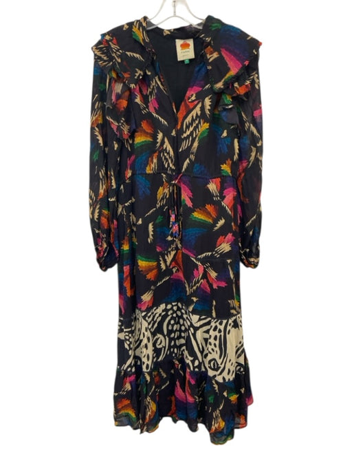 Farm Rio Size S Black, Beige, Multi Viscose Long Sleeve Abstract Print Dress Black, Beige, Multi / S