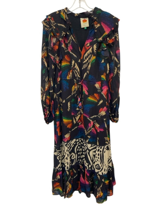 Farm Rio Size S Black, Beige, Multi Viscose Long Sleeve Abstract Print Dress Black, Beige, Multi / S