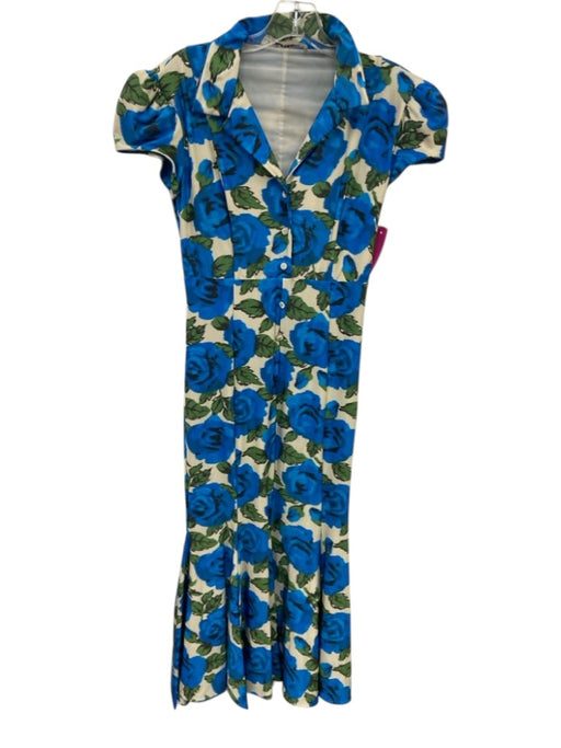 Philosophy di Lorenzo Serafini Size 2 Blue, Green, Cream Puff Cap Sleeve Dress Blue, Green, Cream / 2