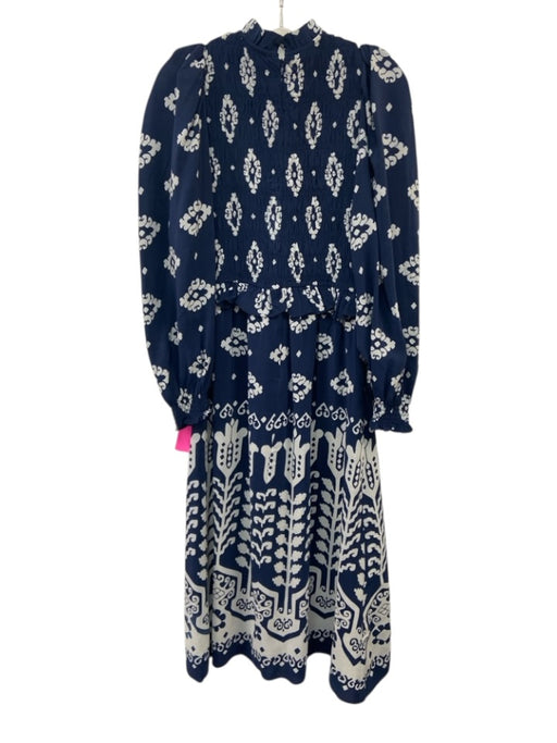 Sea New York Size 2 Navy Blue & Light Blue Silk Long puff sleeve Midi Dress Navy Blue & Light Blue / 2