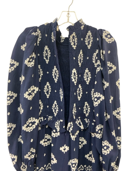 Sea New York Size 2 Navy Blue & Light Blue Silk Long puff sleeve Midi Dress Navy Blue & Light Blue / 2
