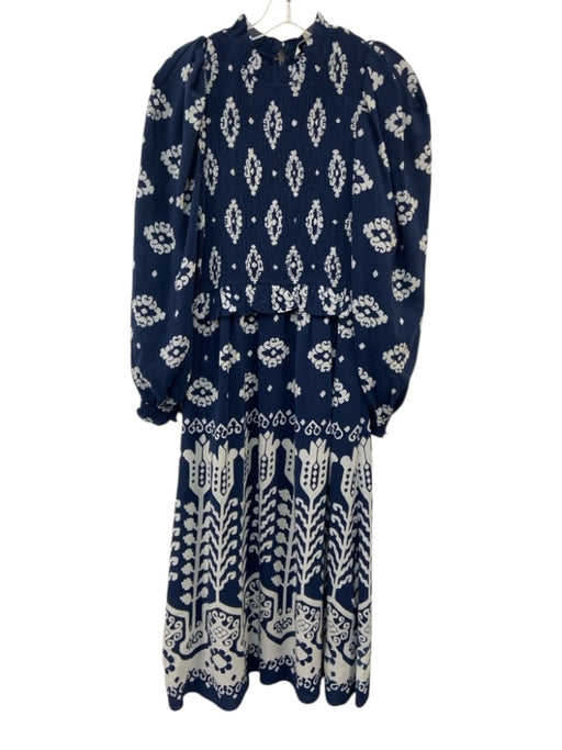 Sea New York Size 2 Navy Blue & Light Blue Silk Long puff sleeve Midi Dress Navy Blue & Light Blue / 2