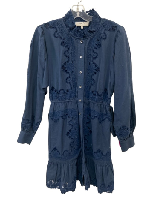 Sea New York Size 2 Dark Blue Puff 3/4 Sleeve Eyelet Lace Buttons Mini Dress Dark Blue / 2