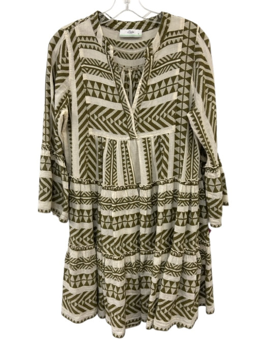 Devotion Twins Size XS Olive Green & White Cotton 3/4 Trumpet Sleeve Mini Dress Olive Green & White / XS