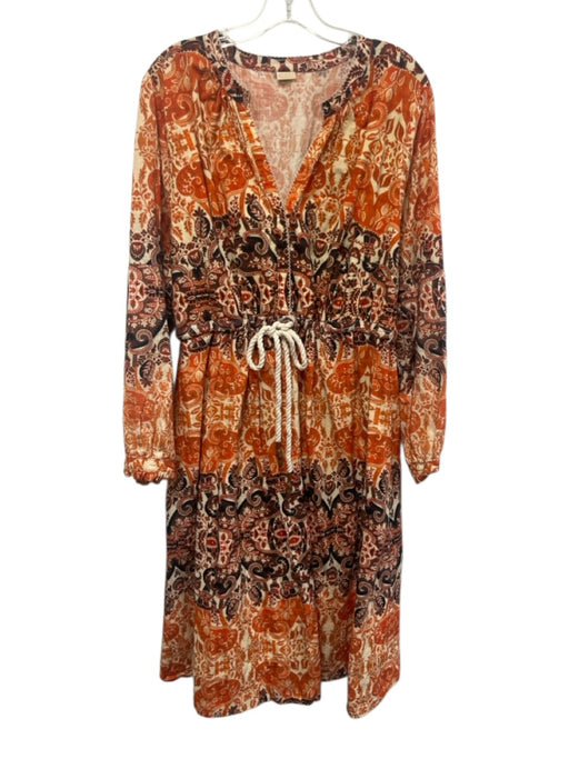 Agua Bendita x Anthropologie Size 2X Orange, Brown, White Cotton V Neck Dress Orange, Brown, White / 2X