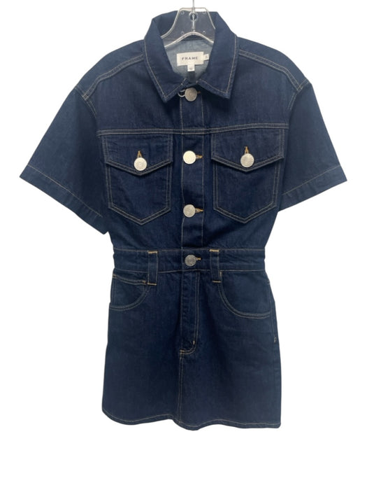 Frame Size XS Dark Wash Cotton Denim Short Sleeve Contrast Stitch Button Dress Dark Wash / XS