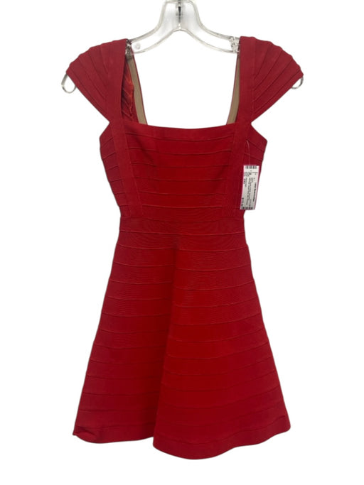 Herve Leger Size XXS Red Rayon & Nylon Sleeveless Bandage Square Neck Mini Dress Red / XXS