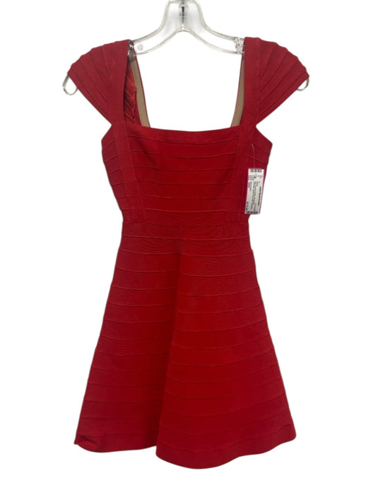 Herve Leger Size XXS Red Rayon & Nylon Sleeveless Bandage Square Neck Mini Dress Red / XXS
