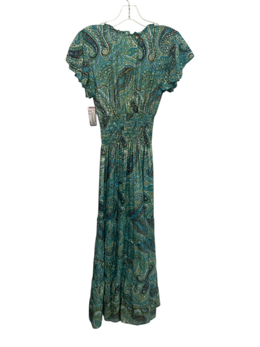 No Brand Size XS Green, Blue, Multi Silk Short Puff Sleeve Smocked Waist Dress Green, Blue, Multi / XS