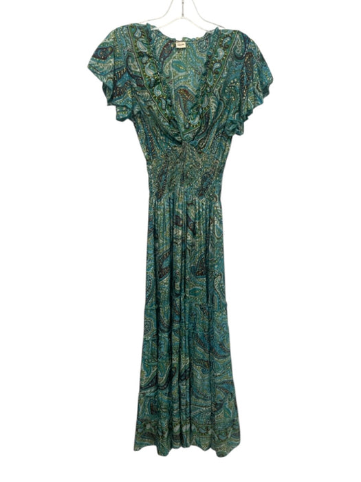 No Brand Size XS Green, Blue, Multi Silk Short Puff Sleeve Smocked Waist Dress Green, Blue, Multi / XS