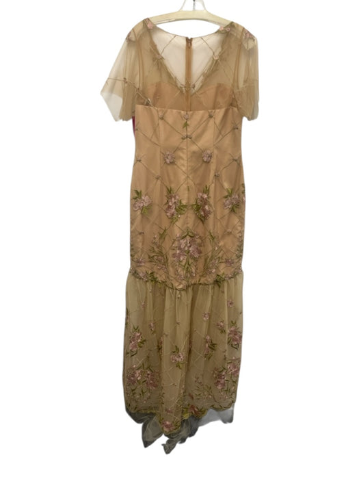 Marchesa Notte Size 14 Beige, Pink, Green Nylon Short Sleeve Sheer Overlay Gown Beige, Pink, Green / 14