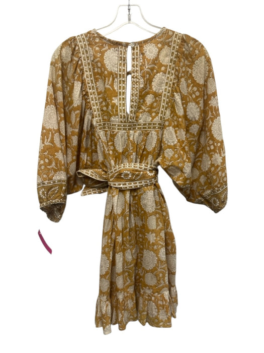 Cleobella Size XS Mustard Yellow & White Cotton Puff 1/2 Sleeve Split Neck Dress Mustard Yellow & White / XS
