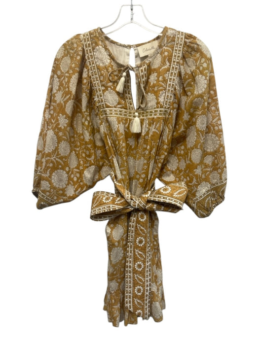 Cleobella Size XS Mustard Yellow & White Cotton Puff 1/2 Sleeve Split Neck Dress Mustard Yellow & White / XS