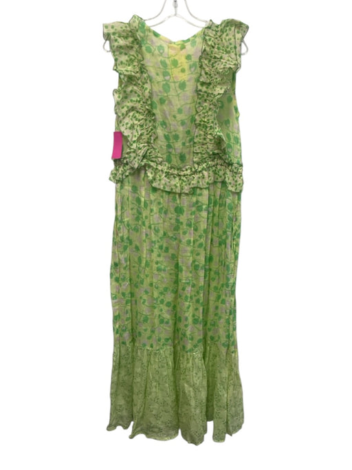 Yvonne S Size S Light Green & Pink Cotton Ruffle Cap Sleeve V Neck Midi Dress Light Green & Pink / S