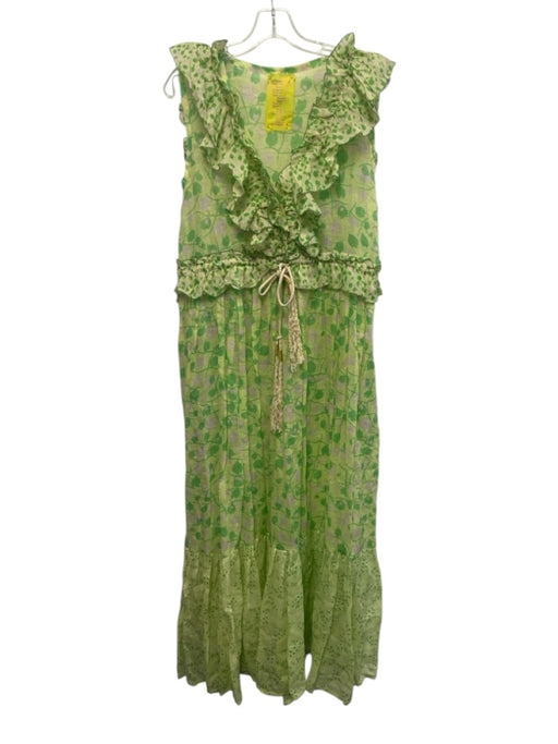 Yvonne S Size S Light Green & Pink Cotton Ruffle Cap Sleeve V Neck Midi Dress Light Green & Pink / S