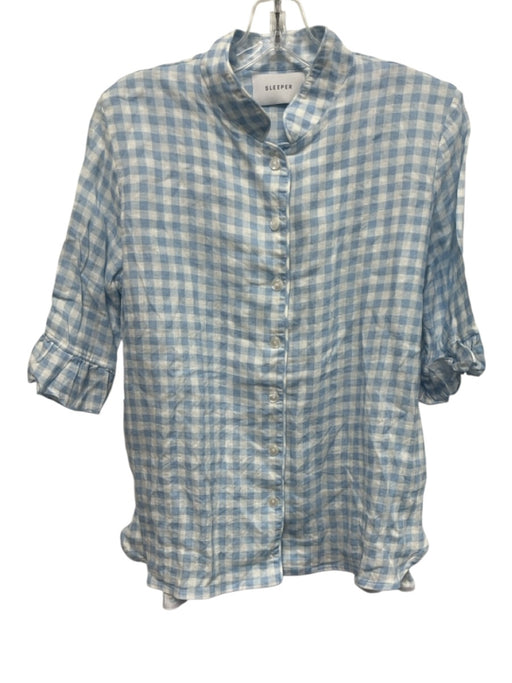 Sleeper Size Small Light blue & white Linen Short Ruffle Sleeve Gingham Top Light blue & white / Small