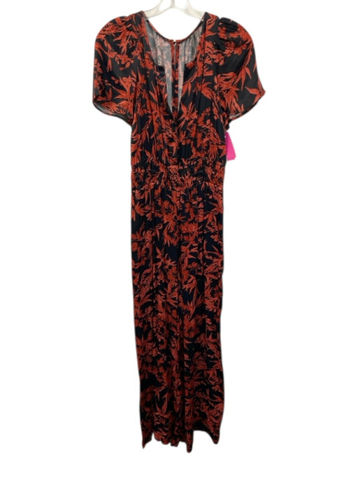 Anthropologie Size XS Red & Black Viscose Floral Smocked Waist Surplice Jumpsuit Red & Black / XS
