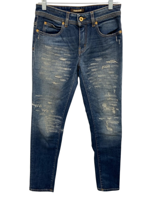 Roberto Cavalli Size 40 Med Wash Cotton Denim Low Rise Distressed Skinny Jeans Med Wash / 40