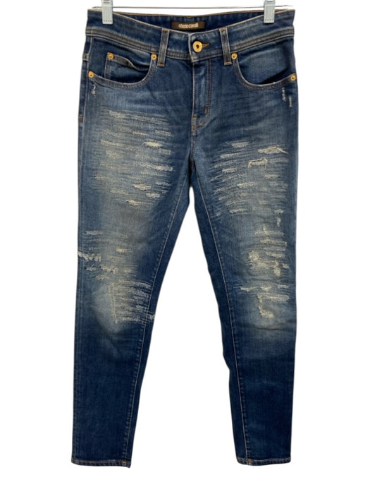 Roberto Cavalli Size 40 Med Wash Cotton Denim Low Rise Distressed Skinny Jeans Med Wash / 40