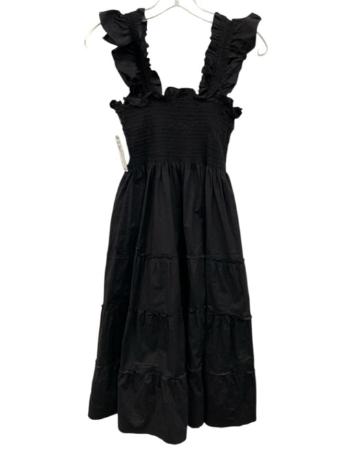 Hill House Size XXS Black Cotton Ruffle Cap Sleeve Shirred Tiered Midi Dress Black / XXS