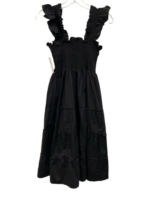 Hill House Size XXS Black Cotton Ruffle Cap Sleeve Shirred Tiered Midi Dress Black / XXS
