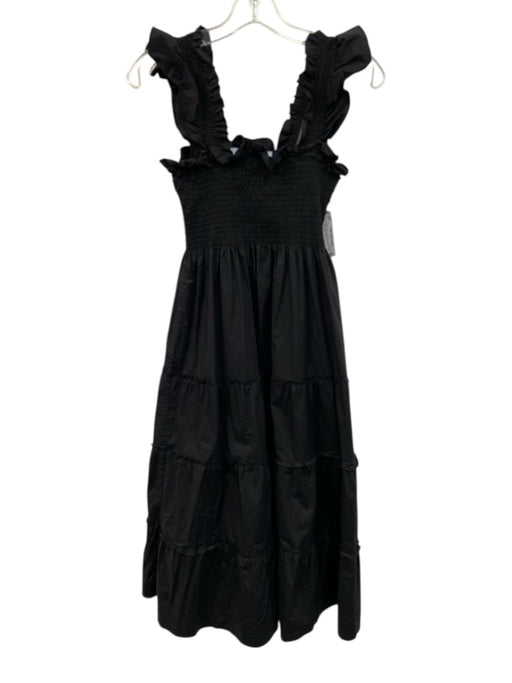 Hill House Size XXS Black Cotton Ruffle Cap Sleeve Shirred Tiered Midi Dress Black / XXS