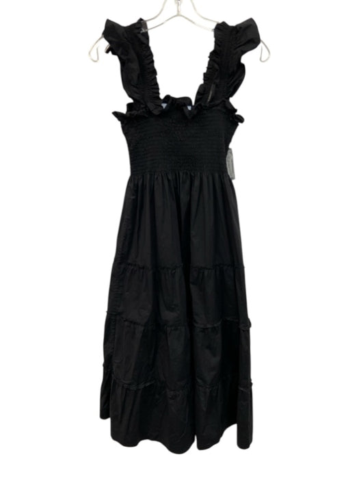 Hill House Size XXS Black Cotton Ruffle Cap Sleeve Shirred Tiered Midi Dress Black / XXS